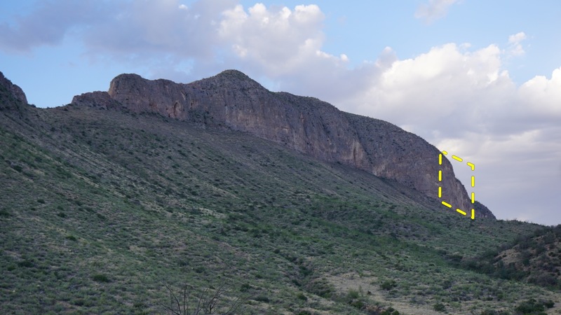 The entire wall at The Mustang (current developed area in the box). Lots of potential would be a gross understatement, as this photo shows well over a mile of cliff line with sections over 200ft tall. We hiked the whole cliff and saw not a single bee.