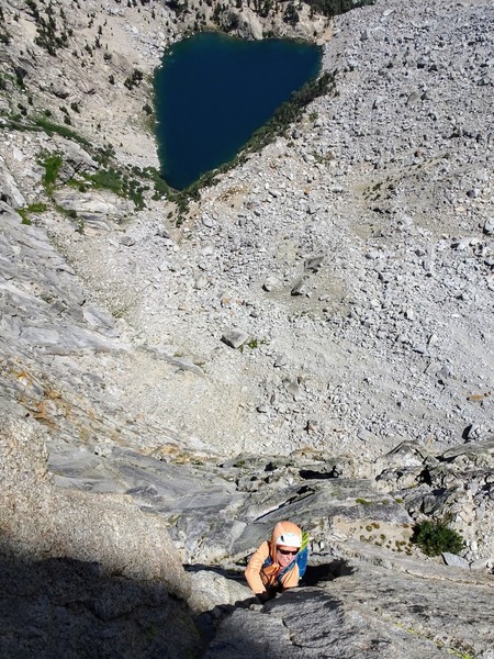NB following the OW crux on P5 with Heart Lake below