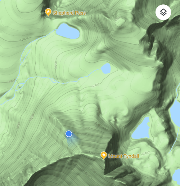 Google Map screenshot halfway up the Northwest Ridge of Mount Tyndall