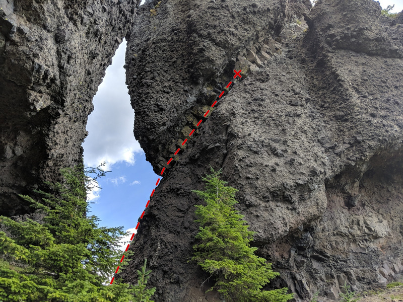 Route viewed from the west. Anchor might be a good belay point for a future second pitch up the chute to the right!