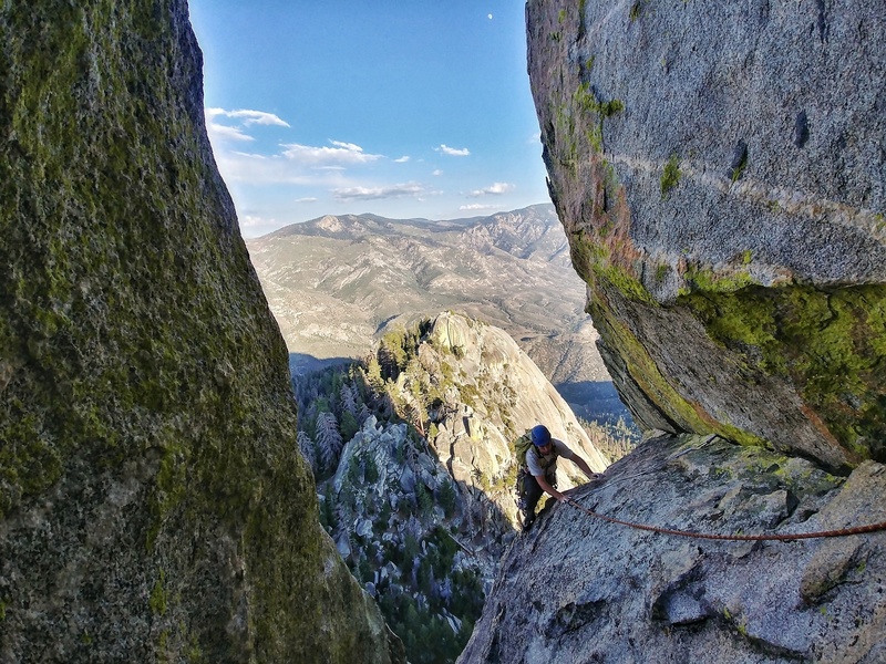 Top of the third pitch. Better belay top of third should be climbers right around the arete for a more straight forward 4th pitch