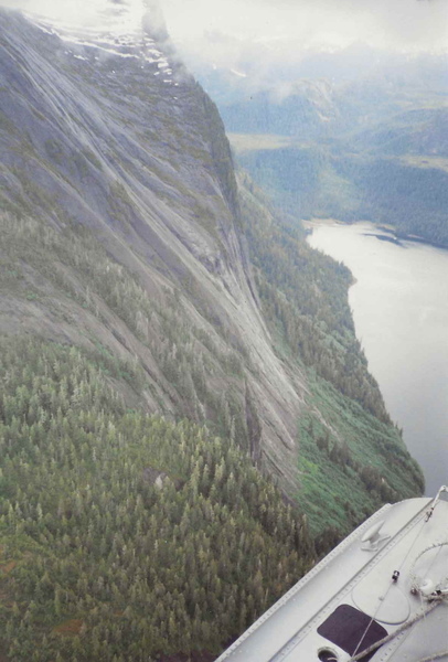 A picture from a float plane showing the angle of the upper section of rock.