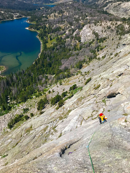 Looking down the splitter hand crack on pitch 4.