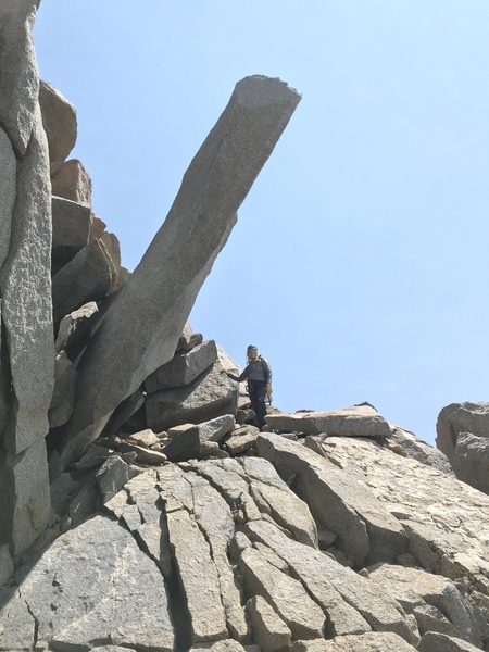 The big spike that leads the way to the descent off Sill. The rappel is about 60 meters down and Skiers right from this photo!