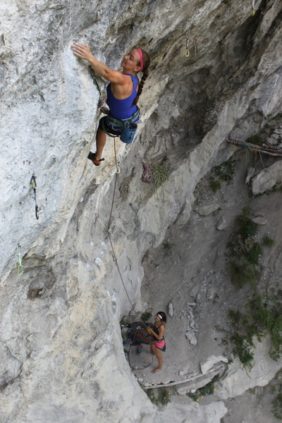 Mia launching into the crux traverse