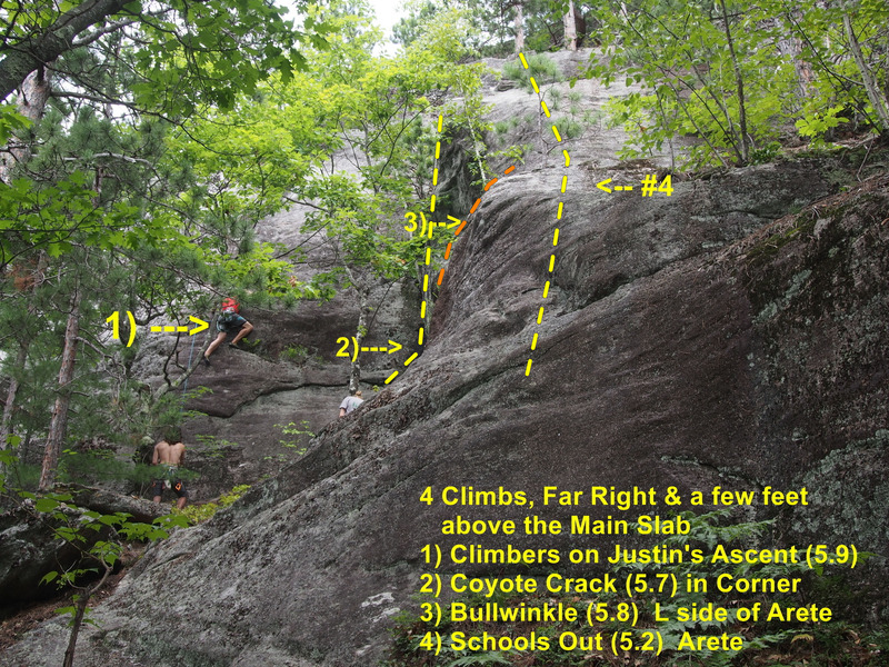 The four climbs right of the Main Wall