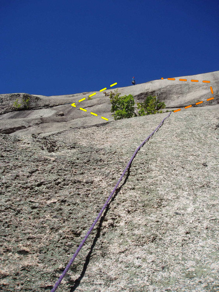 We took a "left hand variant" (yellow) to the overlap * crack on the left. Orange is normal route to the upper bolt