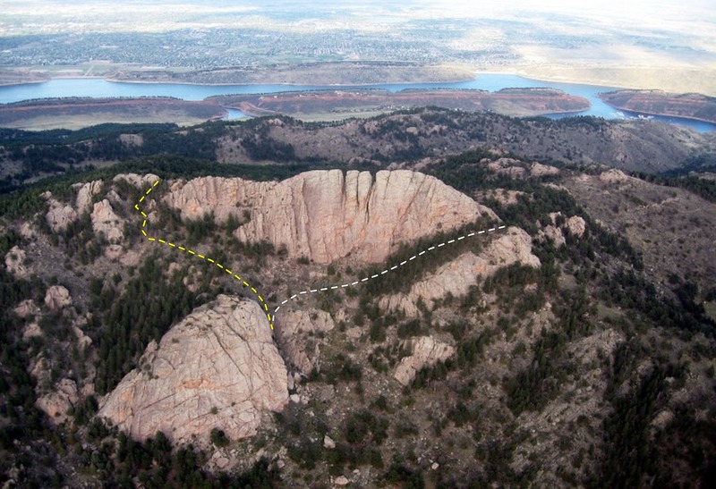 The Reservoir, Horsetooth Mt., and Outer Space Rock. The yellow climber's trail passes the north shoulder of Horsetooth while the white passes the south and skirts its base.