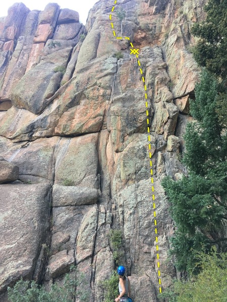 The first two pitches of When It All Comes Crashing Down. The tower is up to the right from the top of the second pitch.