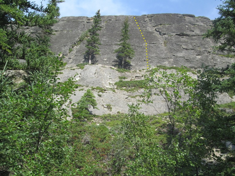 A 64 starts on the right side of the face above the two trees just left of the broken crack/gully.