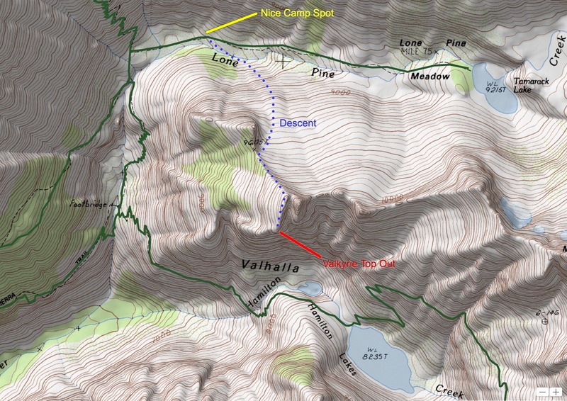 Legal camping beta. Really nice spot. Approach to Angel Wings from here is about 1.5 hours. But... the descent is fast and much more straightforward than the standard descent to H. Lake (which also has 1 night limit).