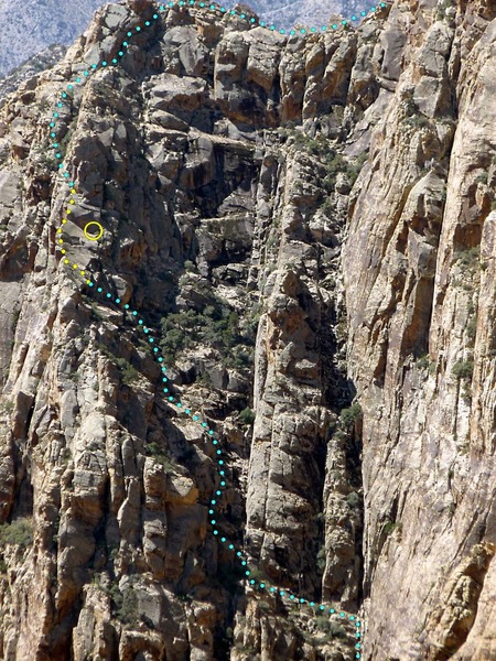 General line we took. Slabby arete in yellow w/ yellow circle belay below a headwall; Thanks to Larry
