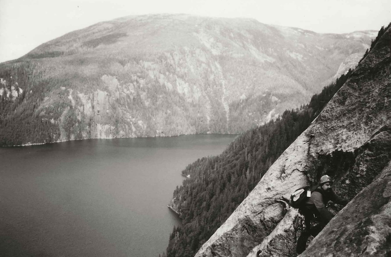 Mike Belfry climbing on Punchbowl Wall in Misty Fiords National Monument (1995)