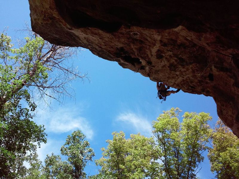 Jeff R pulling over the Crux on Snaked (11b) at the Drone Wall. August 2018.
