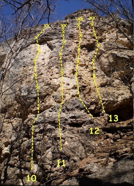 John Ross's photo which shows the "easy" routes on the Drone Wall.
<br>
Drone Wall, right side:
<br>
10. The Drone 5.8
<br>
11. Stinger 5.9
<br>
12. Tres Hermanos 5.8-
<br>
13. BushyTailedWoodRat 5.8