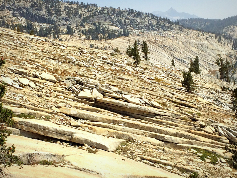 Classic Tuolumne "onion-skin" plating on the descent from Tenaya Peak