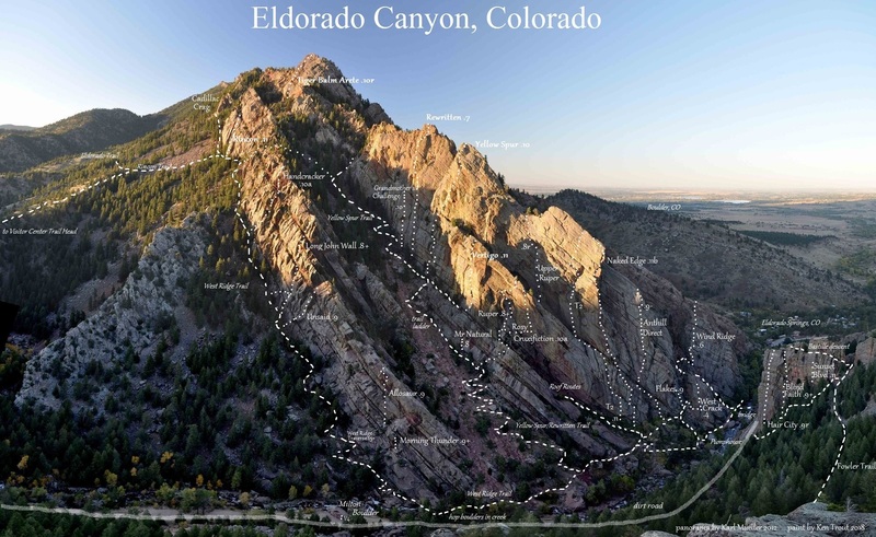 Trails and rock climbs of Eldorado Canyon.
<br>
<br>
Karl Mueller's photo has the perfect combination of shade and clarity for painting.
<br>
<br>
P.S. Karl put up one of my favorite Eldo climbs with Alan Nelson and Alan Bartlett.