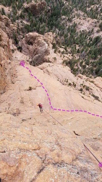 Rapping down next to the 260' dihedral/slab pitch of Bear Necessities.