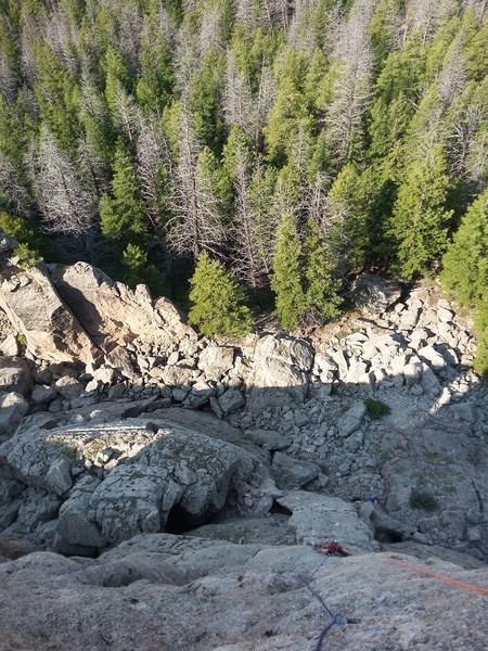 Rebecca Lewis leaving the second pitch belay, heading for the top!