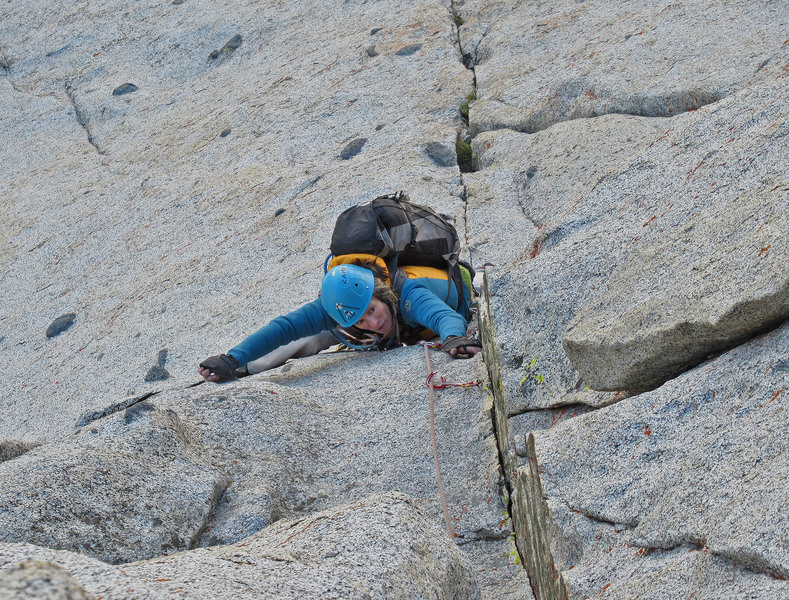 the gazelle cranking thin crux moves, protected by a #2 Lowe ball and #5 hb brass offset - it's a technically sustained and heady pitch