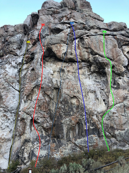Yellow: Private Idaho, 5.9 trad
<br>
Red: Colossus, 5.10c, sport
<br>
Blue dashed: Wild Country, 5.11b, trad
<br>
Blue solid: Tarantula, 5.11c/d, sport
<br>
Green: Loch Ness Monster, 5.11c, sport