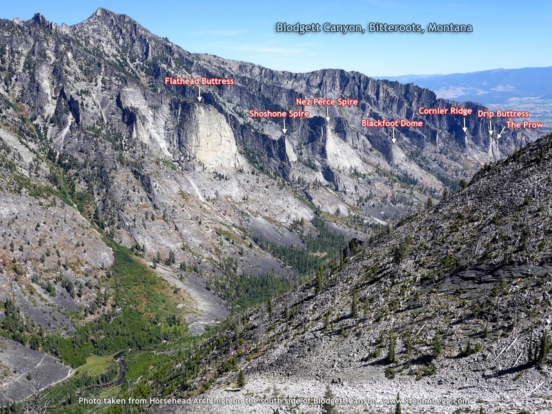 Blodgett Canyon W to E: Flathead Buttress, Shoshone Spire, Nez Perce Spire, Blackfoot Dome, Cornler Ridge, Drip Buttress, The Prow
