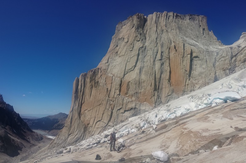 The route is on this side of El Mocho. See the long corner. Note the glacier on the approach. Lago Torre is in the back left.