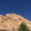 Routes on the upper wall<br>
Yellow- Veggie Stick 12a<br>
Blue- Poopin’ Lupine 10a/b<br>
Red- Steel Cherries 11b/c<br>
Green- An Ants World 10+