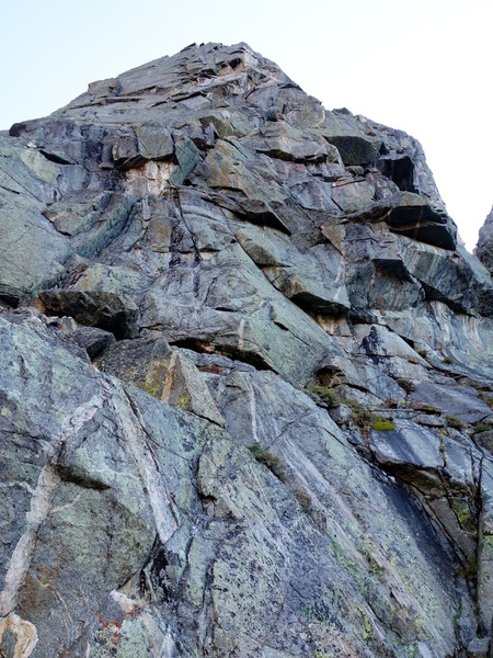 Looking up from the bottom of the route (standard route). Disclaimer: We actually climbed the Hooven-Leo variation 100 feet left of this, so I am only guessing this is the start of the standard route based on the route description.