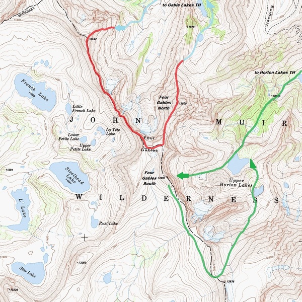 Map showing the Four Gables Massif. Approach and descent for the 