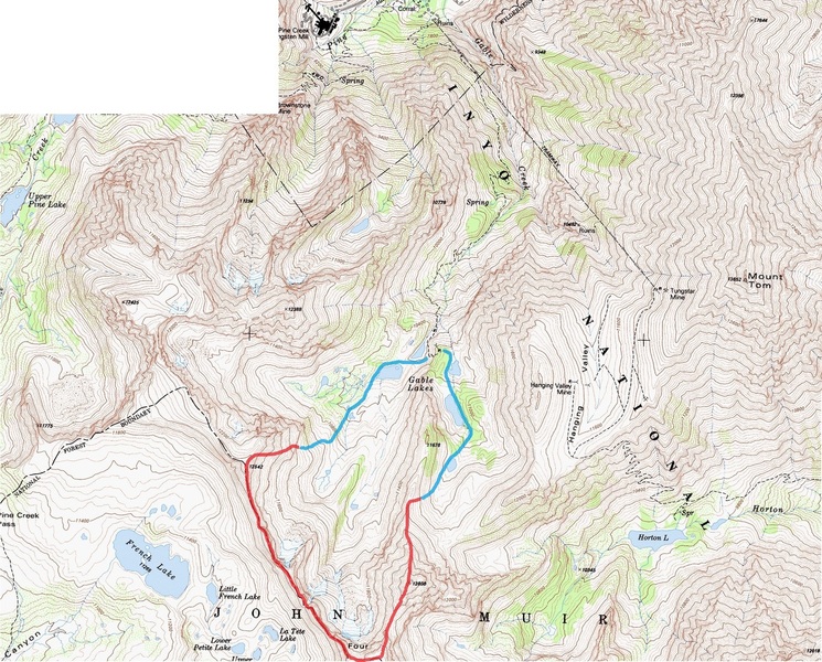 map showing the Gable Lakes Trail approach, cross country in blue, and traverse in red
