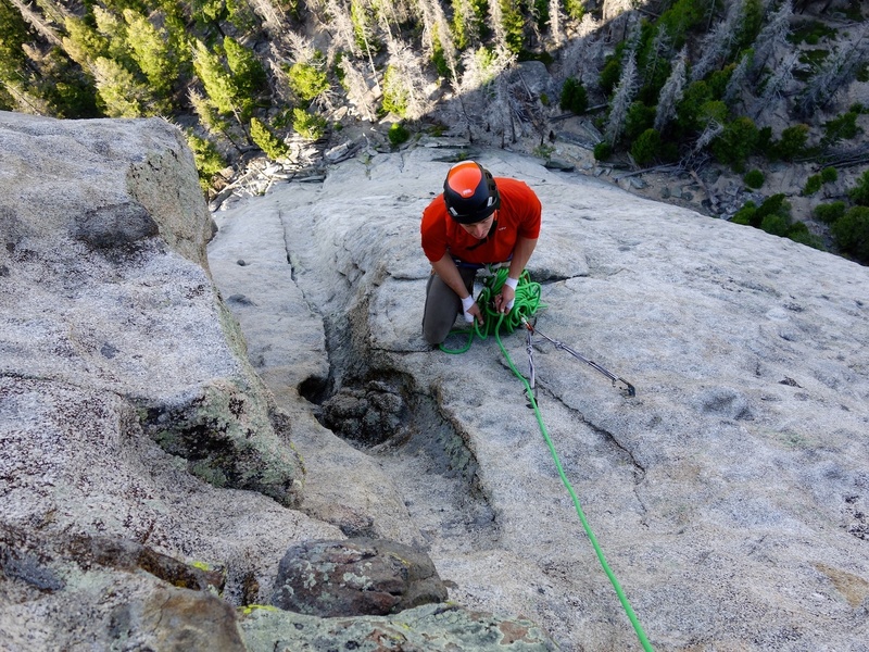 Looking down at the belay at the top of Pitch 2. There are bolts, but I wouldn't want to see a leader take a factor 2 fall on this anchor,