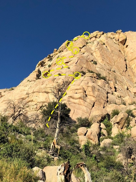 You can see the entire route aside for the top of the final pitch.