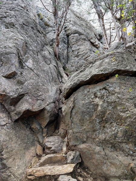 The short scramble up to the recessed slab area.
