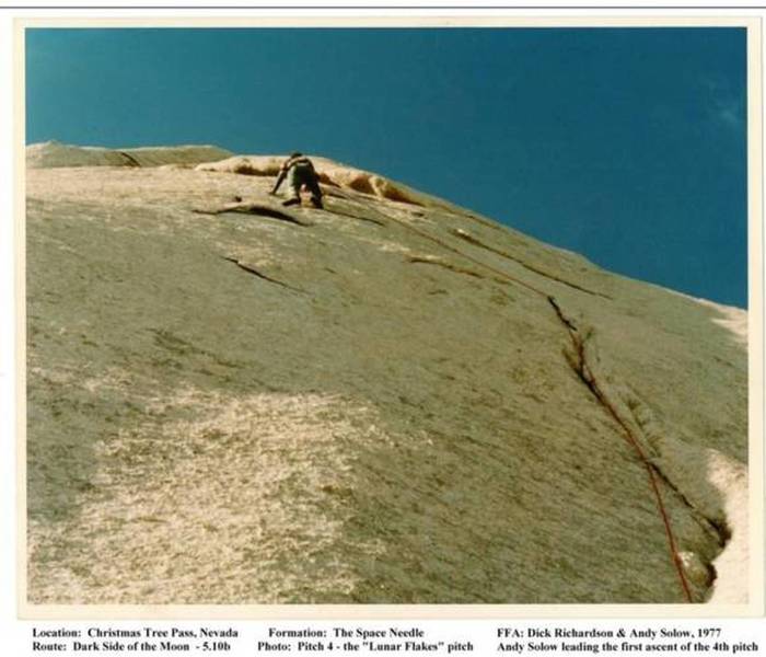 Andrew Solow leading the 4th pitch. We kicked off the nasty looking one directly below the climber in the photo during the first ascent in 1977. It fell about 100 feet and sheared off the day pack we had left attached to the belay bolts.
