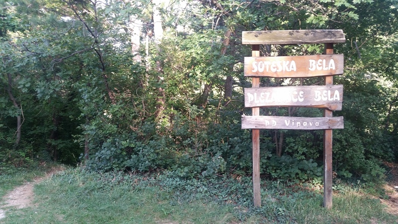The roadside sign at the Bella parking area. The trail to the cliffs is at the left edge of the photo and descends a steep, wooden stairway.