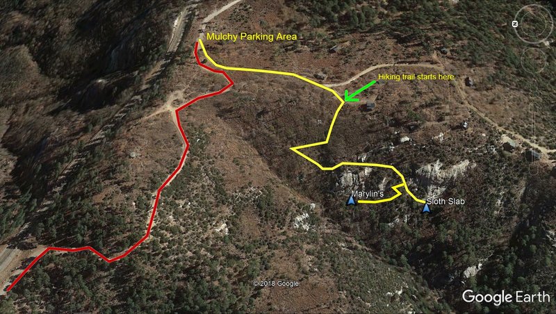 Approach. Red is driving directions. Park, and then follow the yellow line on foot.