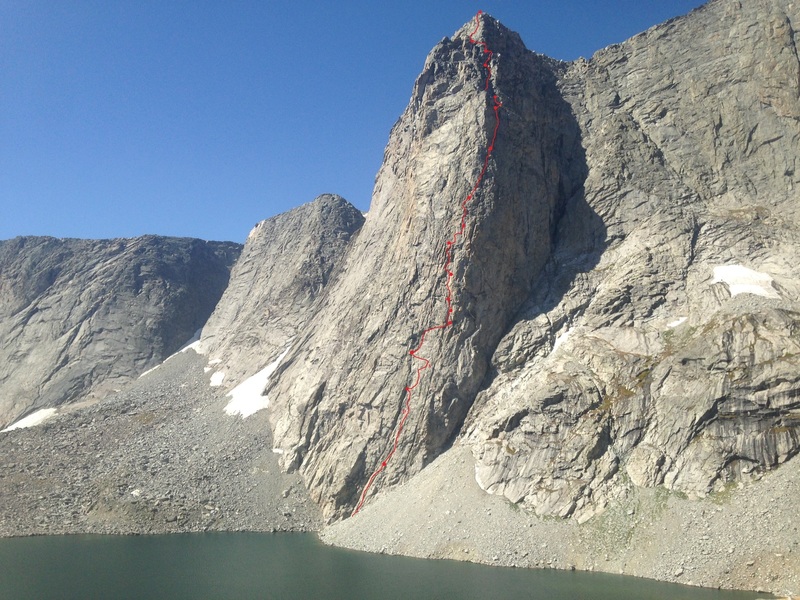 Our line of ascent up Raid. Pitches 5-7 were all quite short (~50 ft.) due to a lack of large (3") pieces. We left the E. Buttress at P11 for two pitches on the NE face, following grassy ledges to a very steep fist-crack / chimney feature.