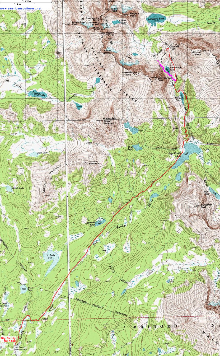 Full map in with climber trail spur in pink. Modified from http://www ...