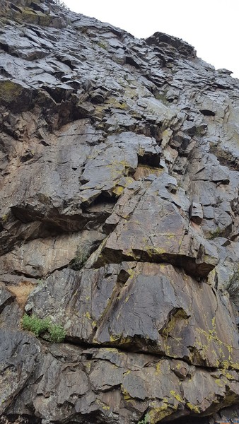 Rainbird from base of cliff. The first bolt is near the top of the triangular cliff feature near center of picture.