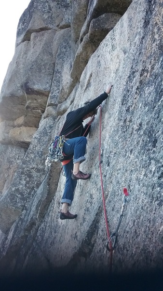 Mark heading out into the third pitch, on the "enabler".<br>
What's the reference in the name of this climb??