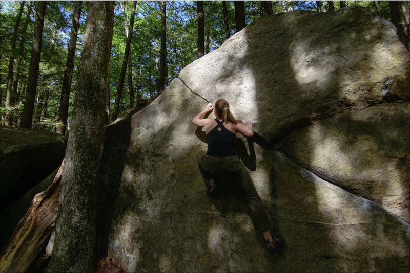 Maureen digging for a bad intermediate before the big throw to the top. Delicate feet will get you to the top.