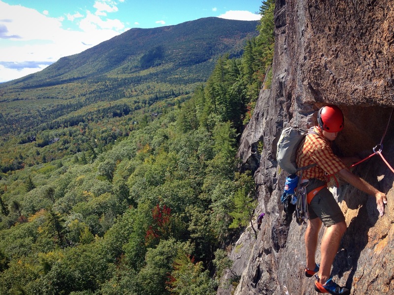 Final moves to the anchor. The pin tucked into the corner is clipped. It can be hard to see from the beginning of the traverse.