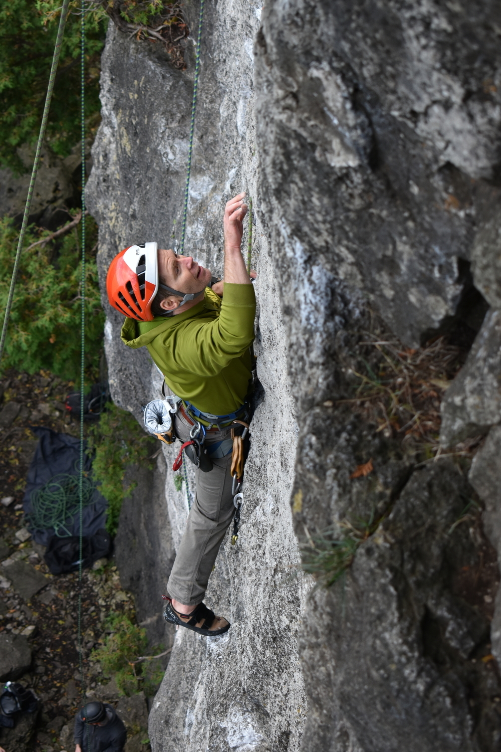 Brian lamenting the tiny crimps on the crux of Seventh Original of Alfred