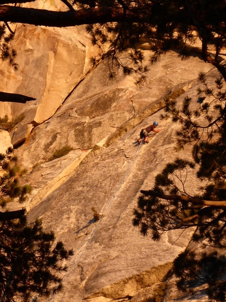 Unknown climber leading Dave's with the sun setting