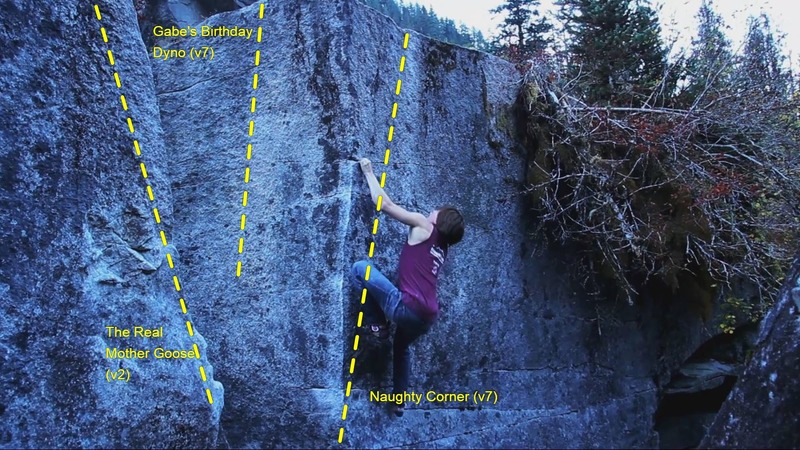 The center of the Naughty Corner Boulder Cluster. Jake Love preparing the dyno to the lip of Naughty Corner (v7).