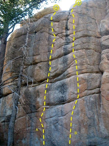 Hungover Wall - Right Side #3, Keller Peak<br>
<br>
A. Conscious Projection (5.11d)<br>
B. Segments in Space (5.11b)