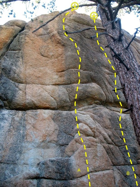 Hungover Wall - Right Side #2, Keller Peak<br>
<br>
A. Particle Acceleration (5.12a)<br>
B. Suspended Animation (5.12a)