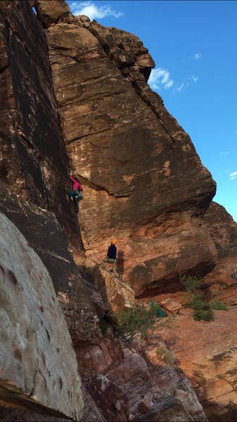 Valentine's Day (5.8+) in Red Rock Canyon. Gear to 3" with a two bolt anchor to the left at the top. A great line, stout for a 5.8.