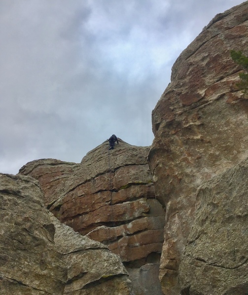 Climber on B. S. Face
<br>
B. S. Corner 10 feet right, behind arete (Ray of Heaven).